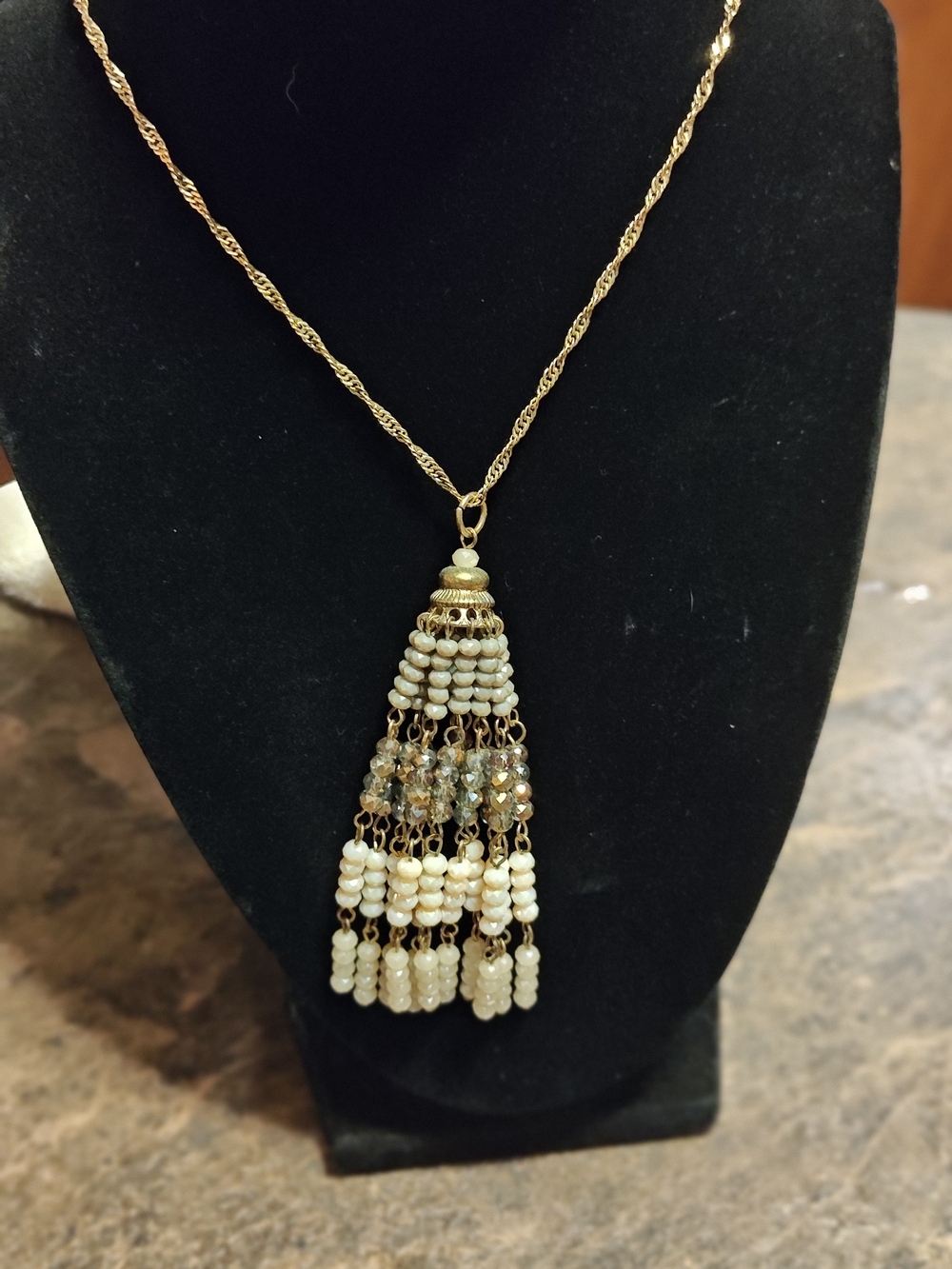 Gold-Tone Beaded Pearl Tassel Necklace - With Matching Earrings